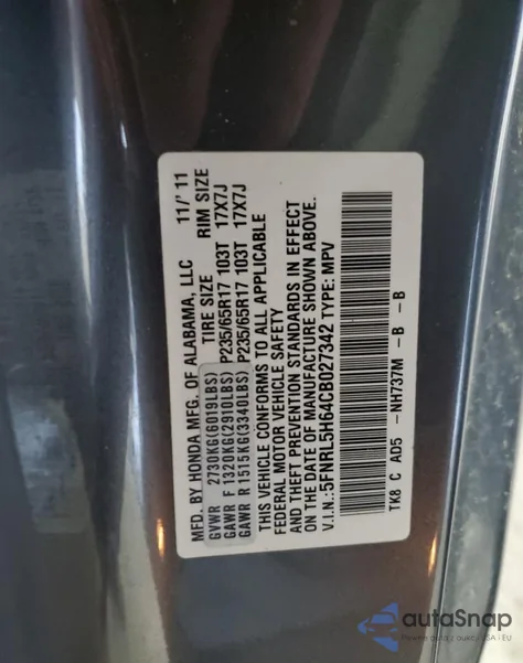 2012 Honda Odyssey Exl z USA, uszkodzony, nr VIN 5FNRL5H64CB027342